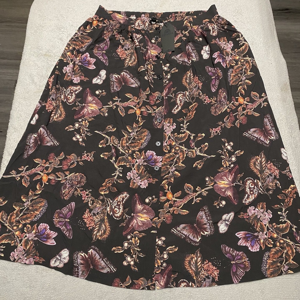 Disturbia Eloise Midi Skirt Womens US 10 Black Butterfly Button Front Goth NEW